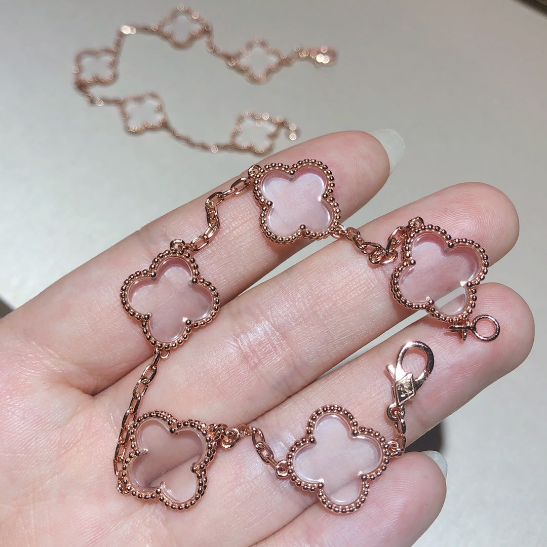 [Angela Jewellery]CLOVER 5 MOTIF ROCK CRYSTAL PINK GOLD BRACELET