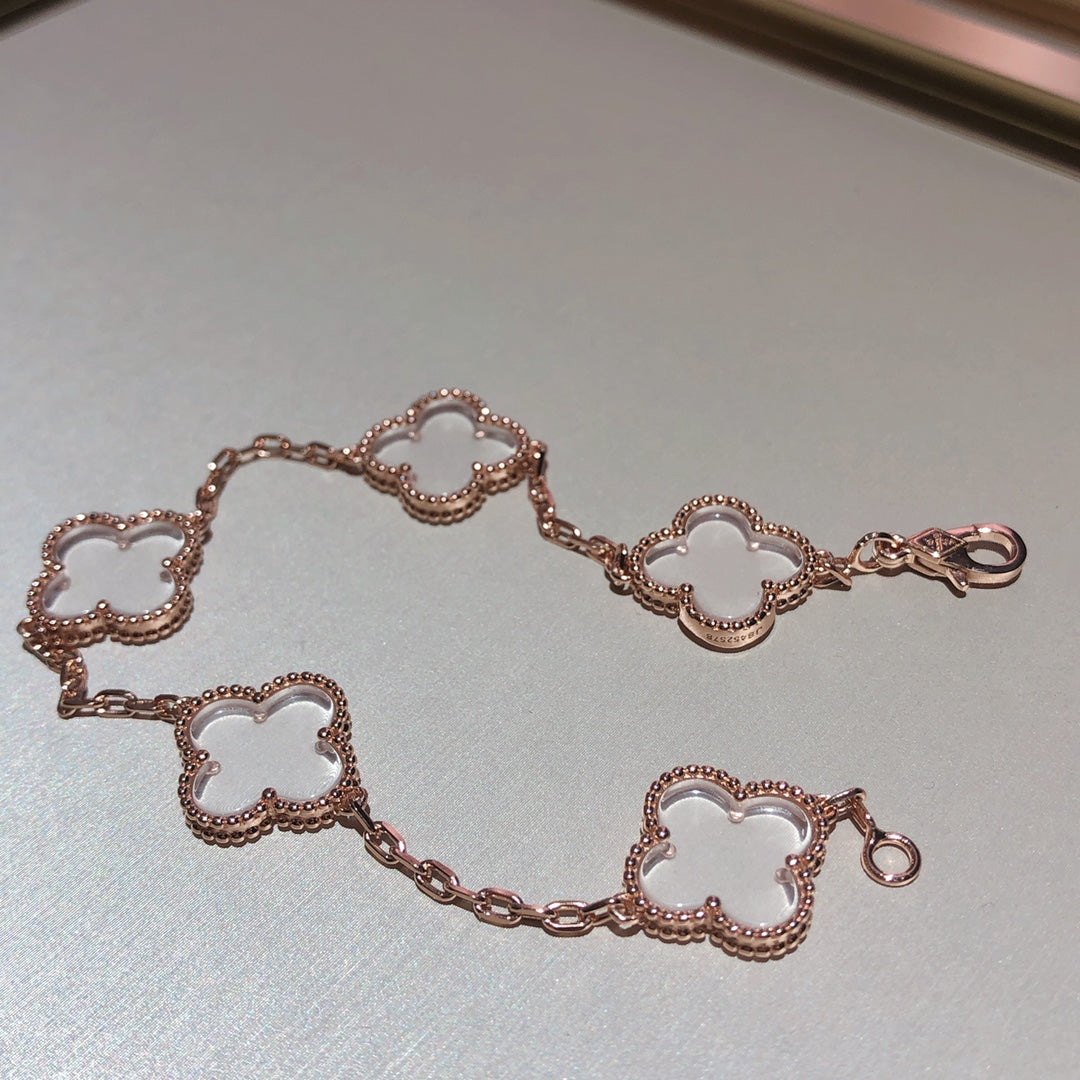 [Angela Jewellery]CLOVER 5 MOTIF ROCK CRYSTAL PINK GOLD BRACELET