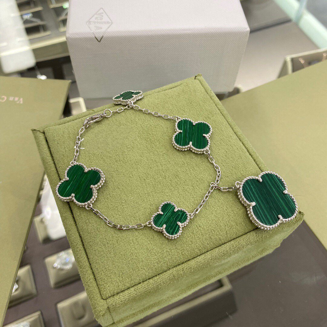 [Angela Jewellery]CLOVER 5 MOTIFS SIVLER MALACHITE BRACELET