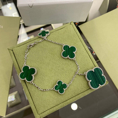 [Angela Jewellery]CLOVER 5 MOTIFS SIVLER MALACHITE BRACELET