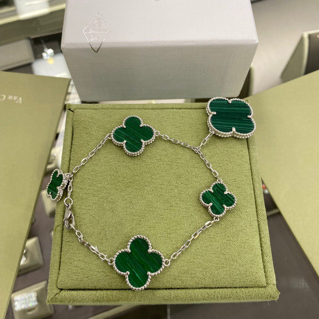 [Angela Jewellery]CLOVER 5 MOTIFS SIVLER MALACHITE BRACELET