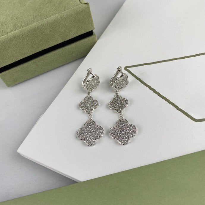 [Angela Jewellery]CLOVER 3 MOTIF DIAMOND SILVER DROP EARRINGS