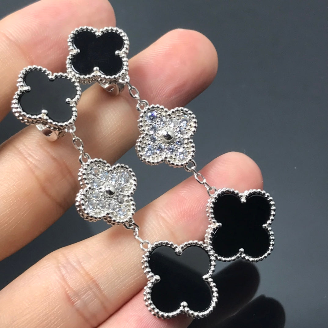[Angela Jewellery]CLOVER 3 MOTIF DIAMOND ONYX SILVER EARRINGS