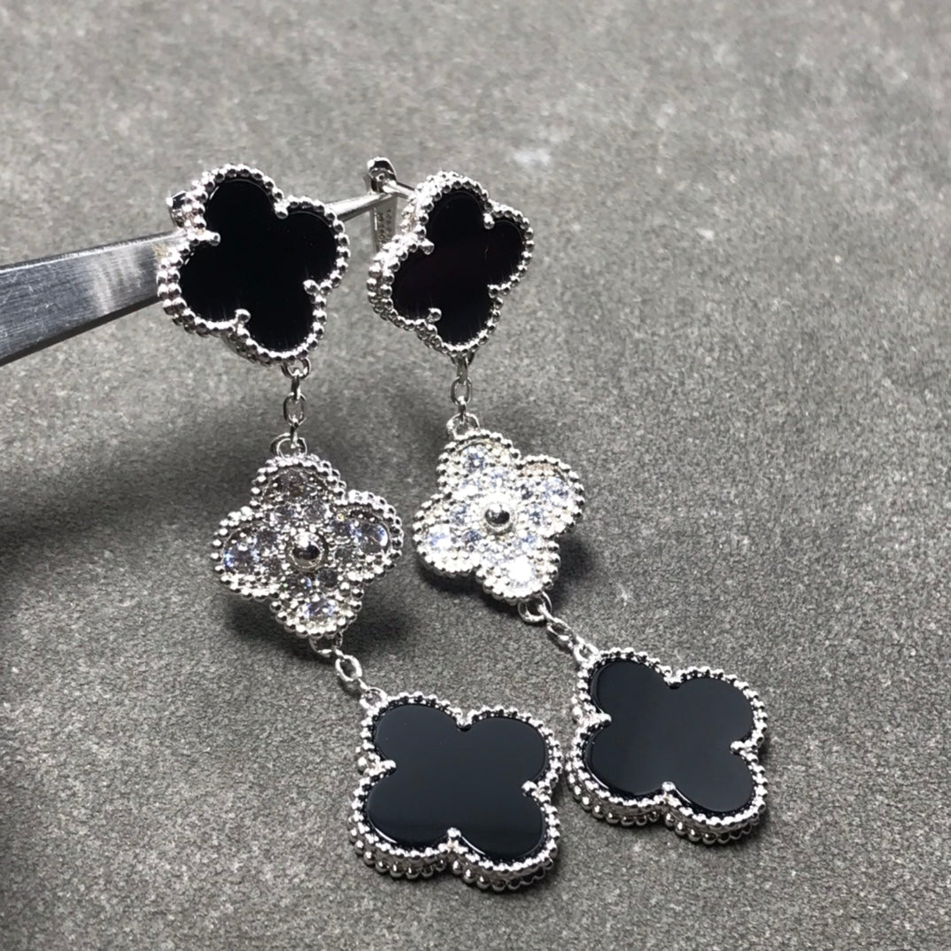 [Angela Jewellery]CLOVER 3 MOTIF DIAMOND ONYX SILVER EARRINGS