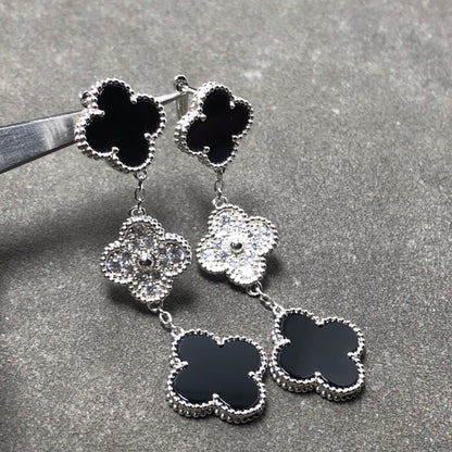 [Angela Jewellery]CLOVER 3 MOTIF DIAMOND ONYX SILVER EARRINGS