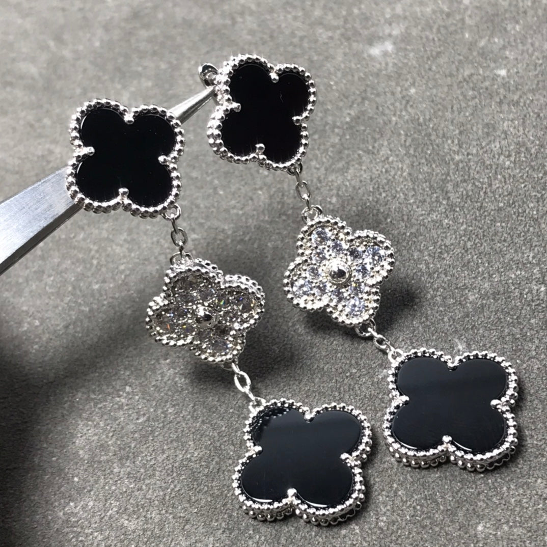 [Angela Jewellery]CLOVER 3 MOTIF DIAMOND ONYX SILVER EARRINGS