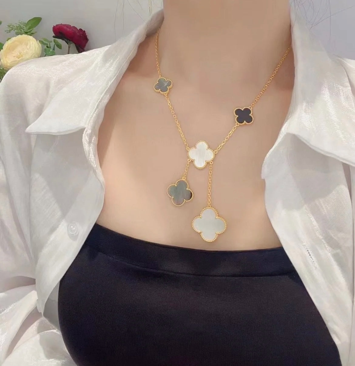 [Angela Jewellery]CLOVER 6 MOTIF MOP ONYX GOLD NECKLACE