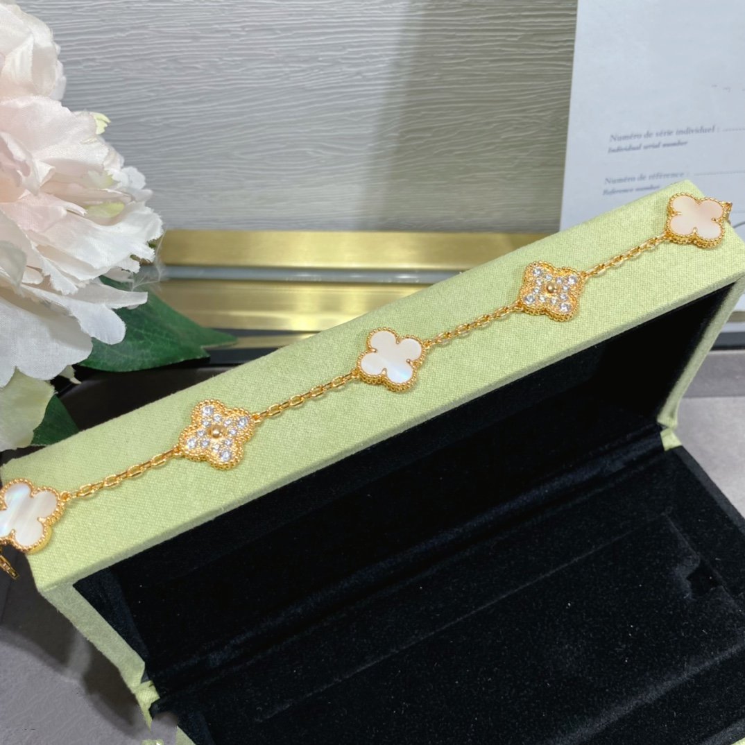[Angela Jewellery]CLOVER 5 MOTIF DIAMOND PINK MOP PINK GOLD BRACELET
