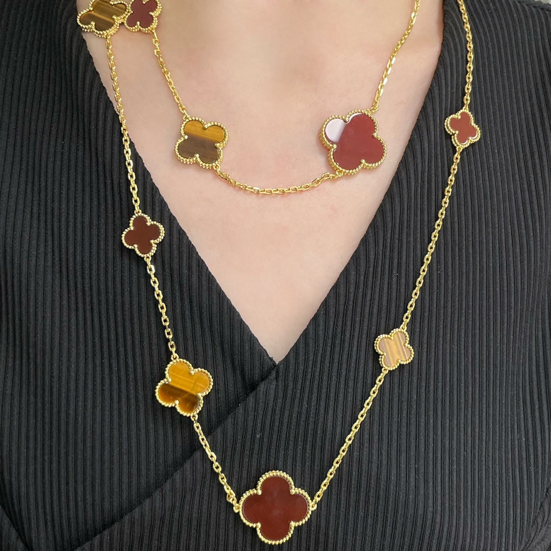[Angela Jewellery]CLOVER 16 MOTIF CARNELIAN TIGER EYE ROSE GOLD NECKLACE