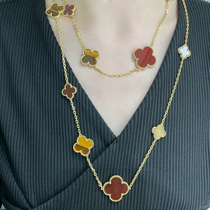 [Angela Jewellery]CLOVER 16 MOTIF CARNELIAN TIGER EYE ROSE GOLD NECKLACE