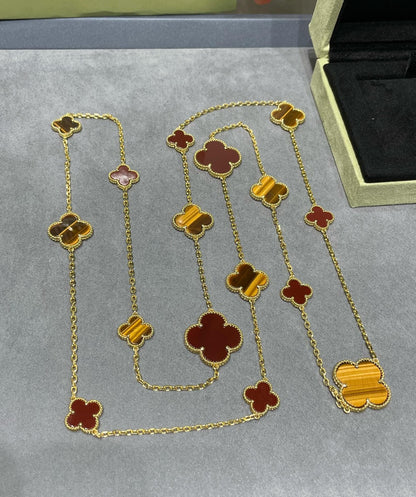 [Angela Jewellery]CLOVER 16 MOTIF CARNELIAN TIGER EYE ROSE GOLD NECKLACE