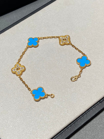 [Angela Jewellery]CLOVER 5 MOTIF BLUE CHALCEDONY DIAMOND GOLD BRACELET