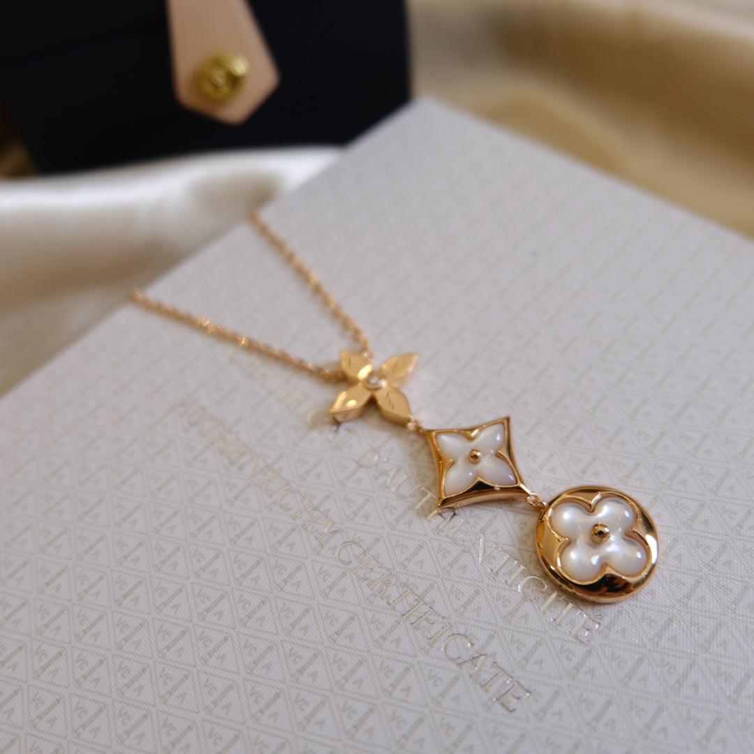 [Angela Jewellery]COLOR BLOSSOM LARIAT NECKLACE PINK GOLD WHITE MOTHER PEARL AND DIAMOND