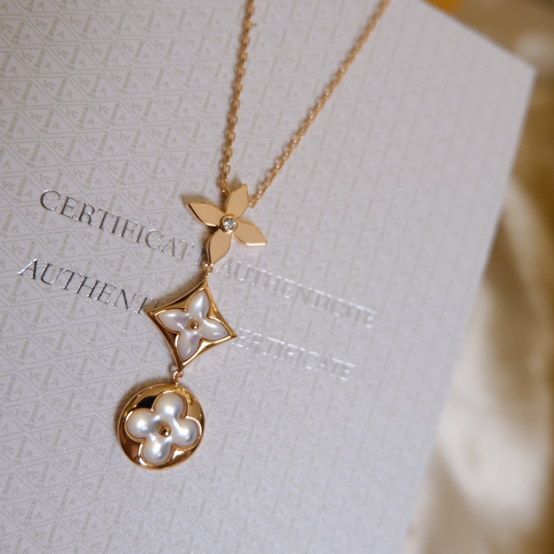 [Angela Jewellery]COLOR BLOSSOM LARIAT NECKLACE PINK GOLD WHITE MOTHER PEARL AND DIAMOND