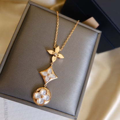 [Angela Jewellery]COLOR BLOSSOM LARIAT NECKLACE PINK GOLD WHITE MOTHER PEARL AND DIAMOND