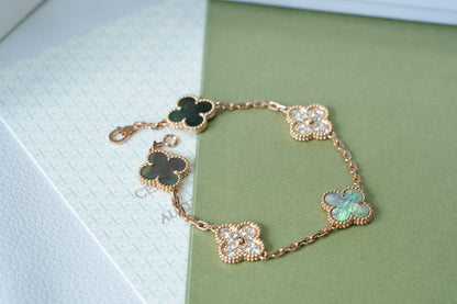 [Angela Jewellery]CLOVER 5 MOTIFS DARK MOP AND DIAMONDS PINK GOLD BRACELET