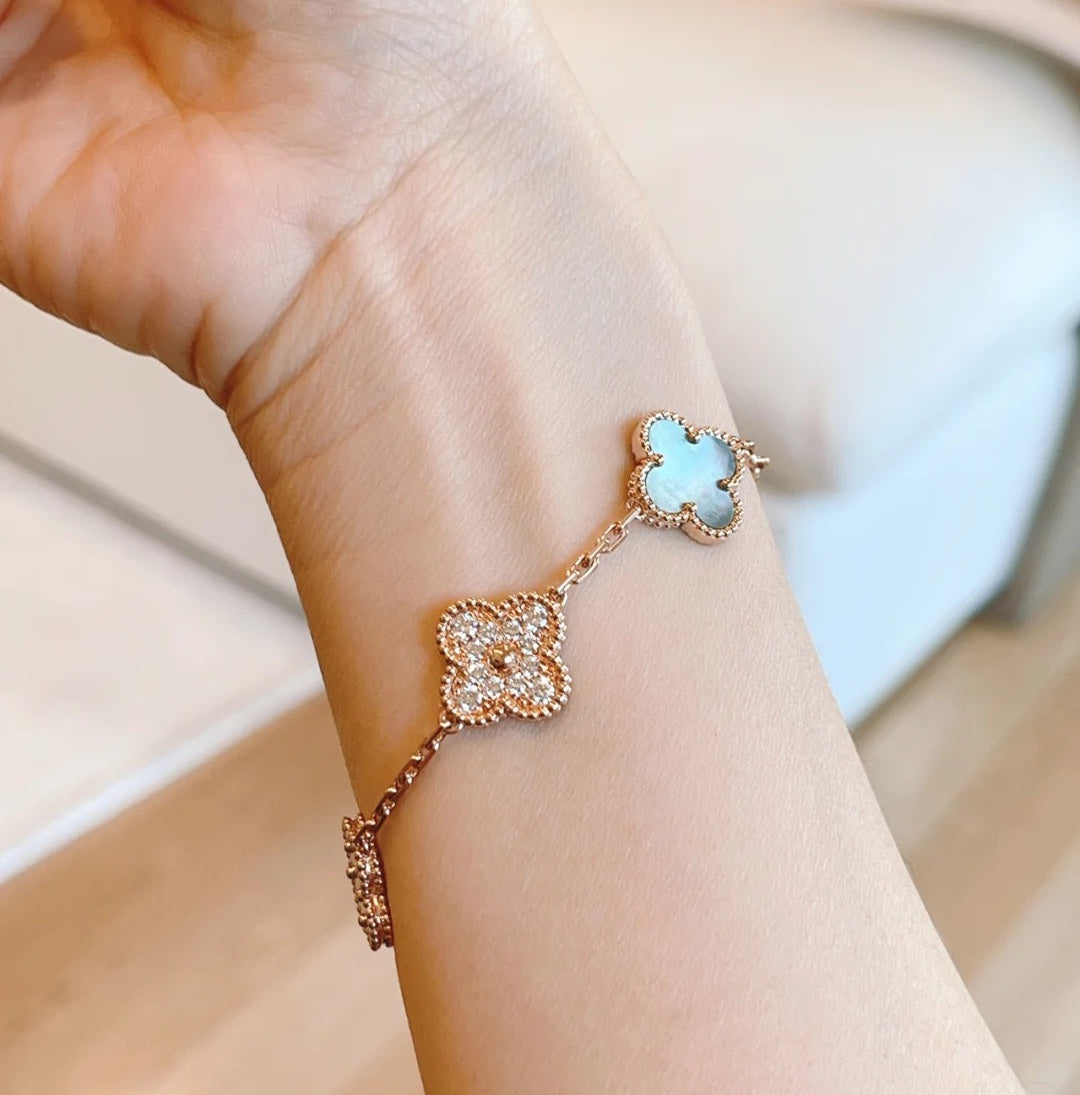 [Angela Jewellery]CLOVER 5 MOTIFS DARK MOP AND DIAMONDS PINK GOLD BRACELET